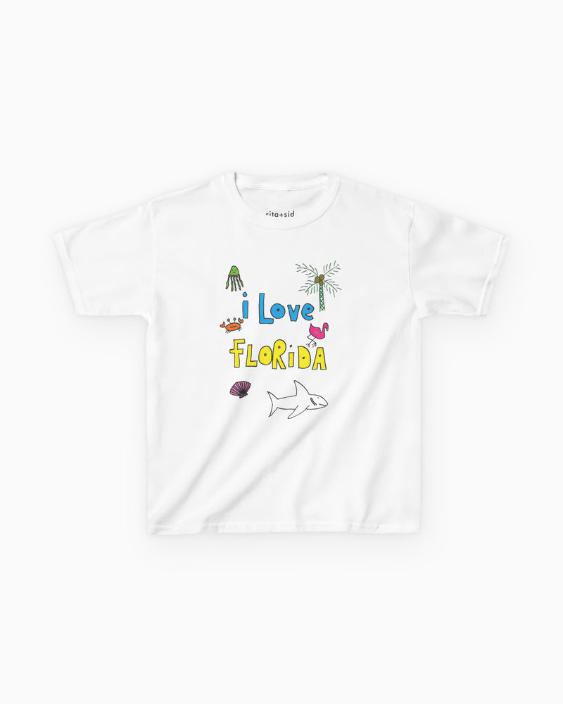 Child wearing Rita+Sid I Love Florida kids t-shirt