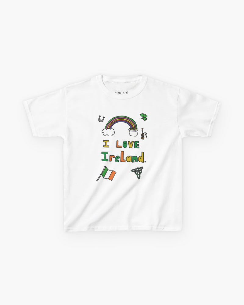 Child wearing Rita+Sid I Love Ireland kids t-shirt