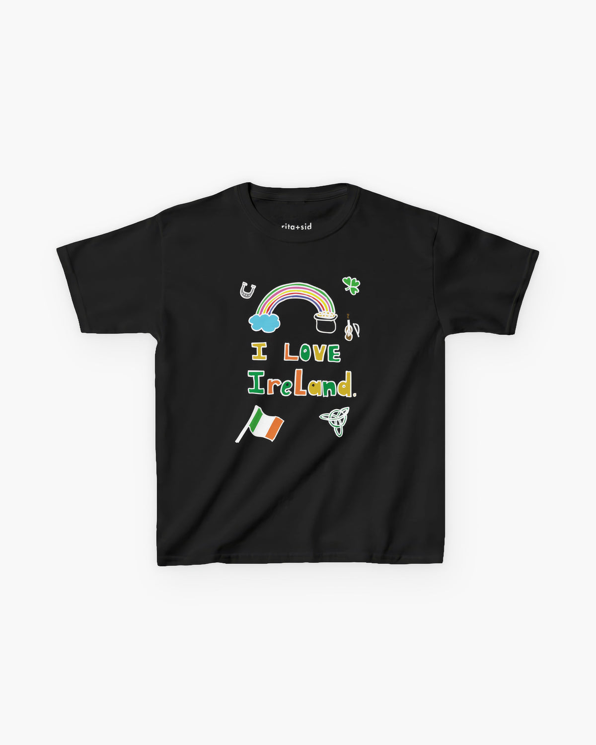 Black t-shirt with 'I Love Ireland' design featuring a rainbow, shamrock, and Irish flag for St. Patricks Day