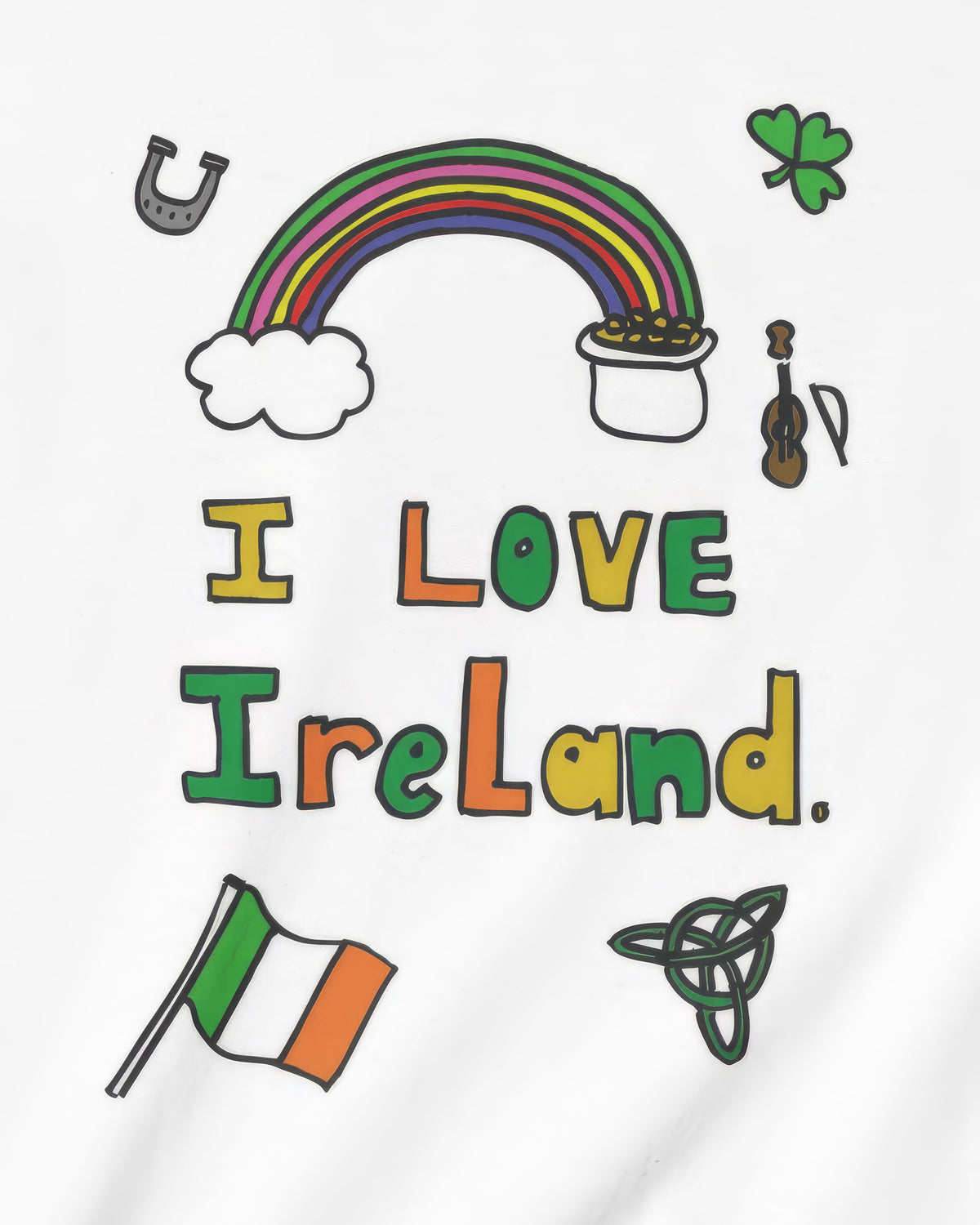 Illustrated design with 'I Love Ireland' text, rainbow, pot of gold, shamrock, harp, and Irish flag For St. Patricks Day