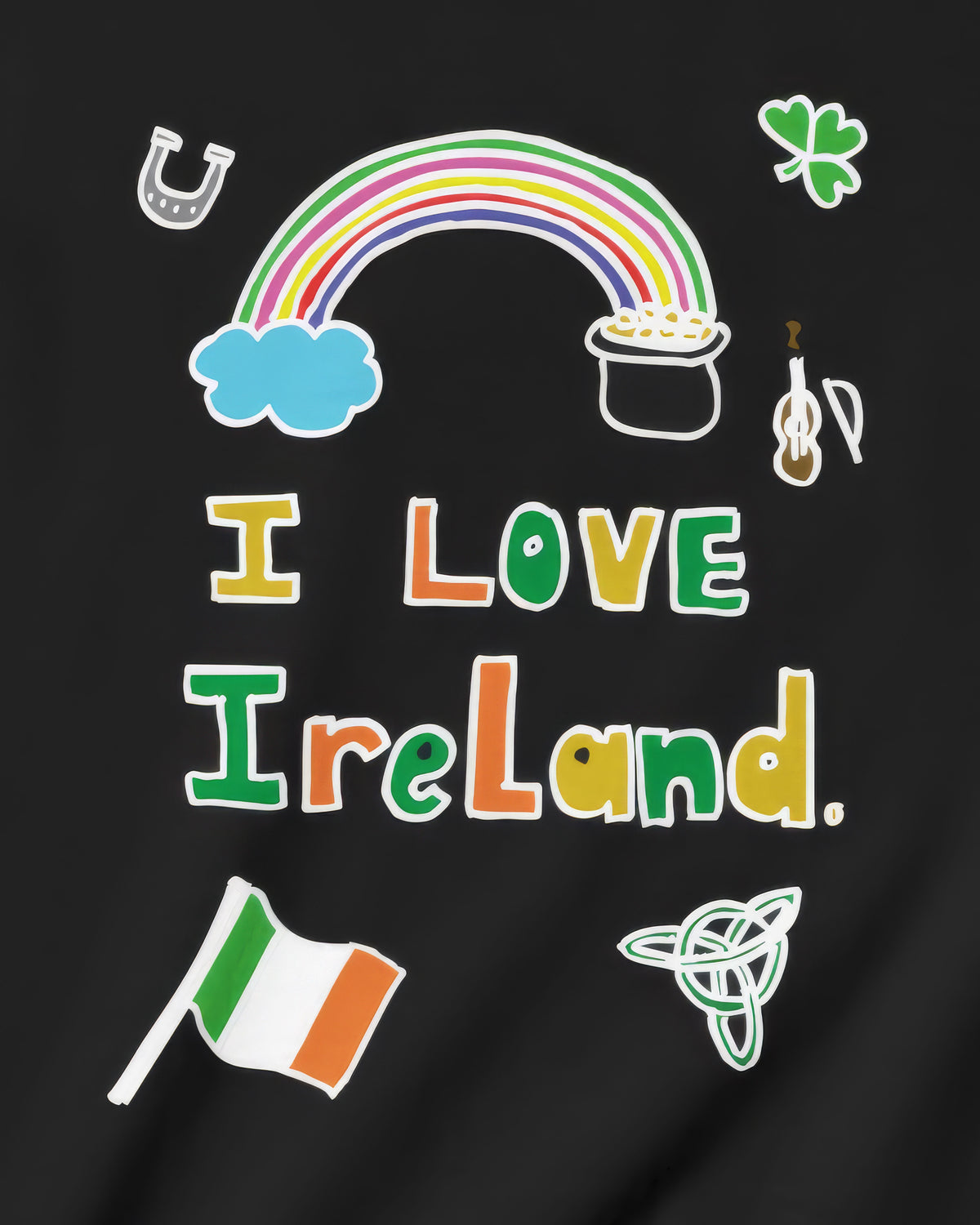 Black shirt with colorful graphics and 'I Love Ireland' text on a dark background For St. Patricks Day
